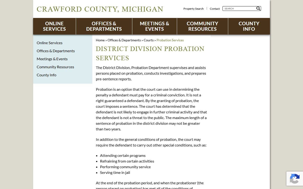 Crawford County district probation services page linked to court charge records