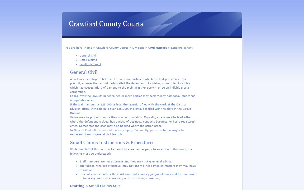 Crawford County legacy civil matters page showing charge routing and severity