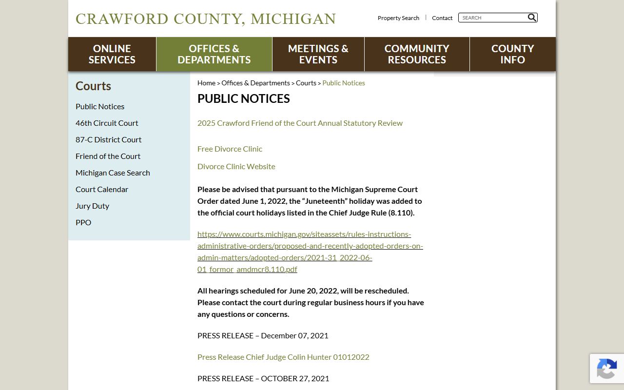 Crawford County court dockets public notices page with hearing and jury notices