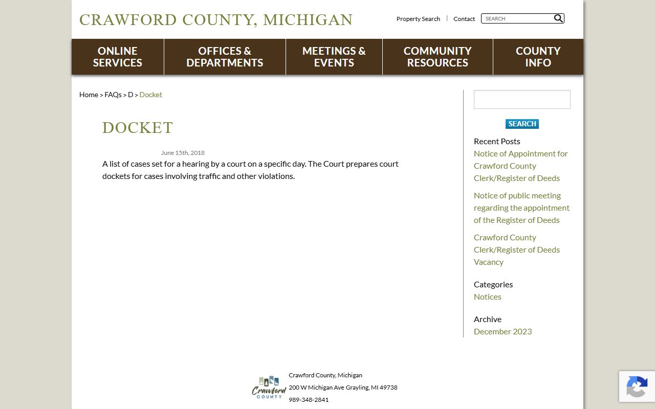 Crawford County court dockets definition FAQ explaining a hearing list
