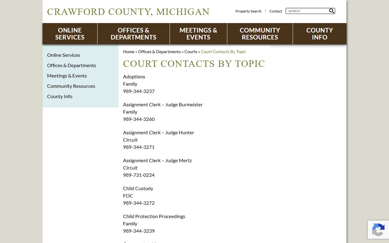 Crawford County court records contacts by topic for the Grayling courthouse