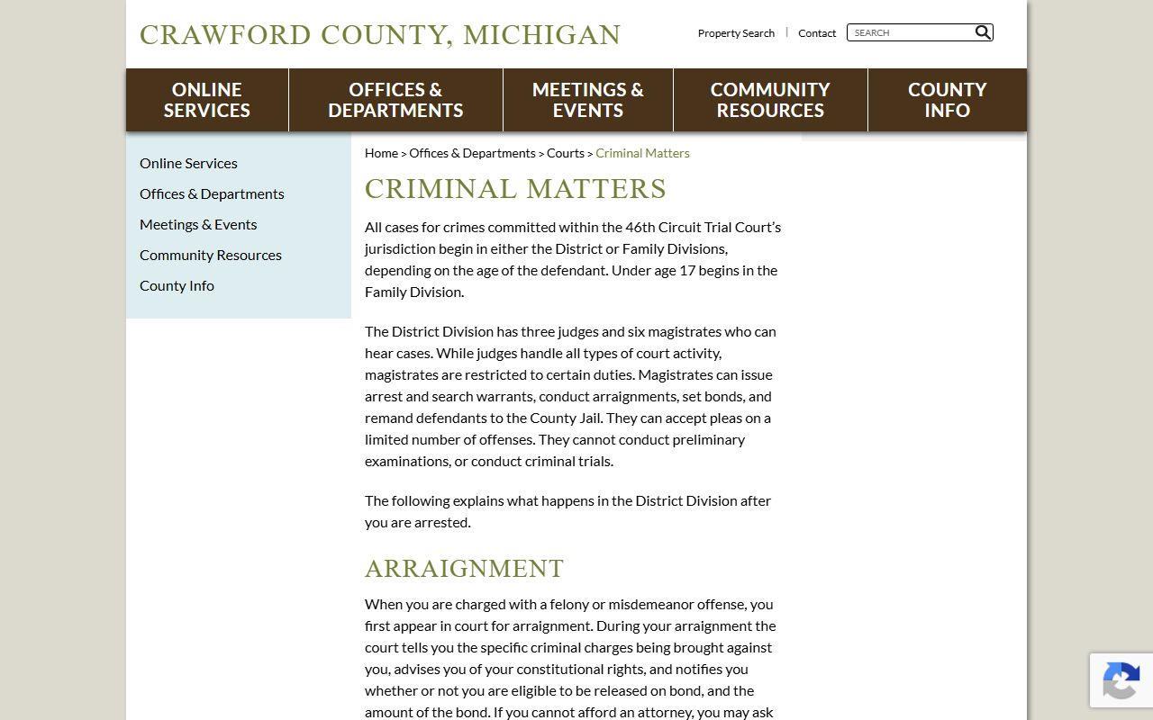 Crawford County criminal matters page explaining criminal court records and case flow