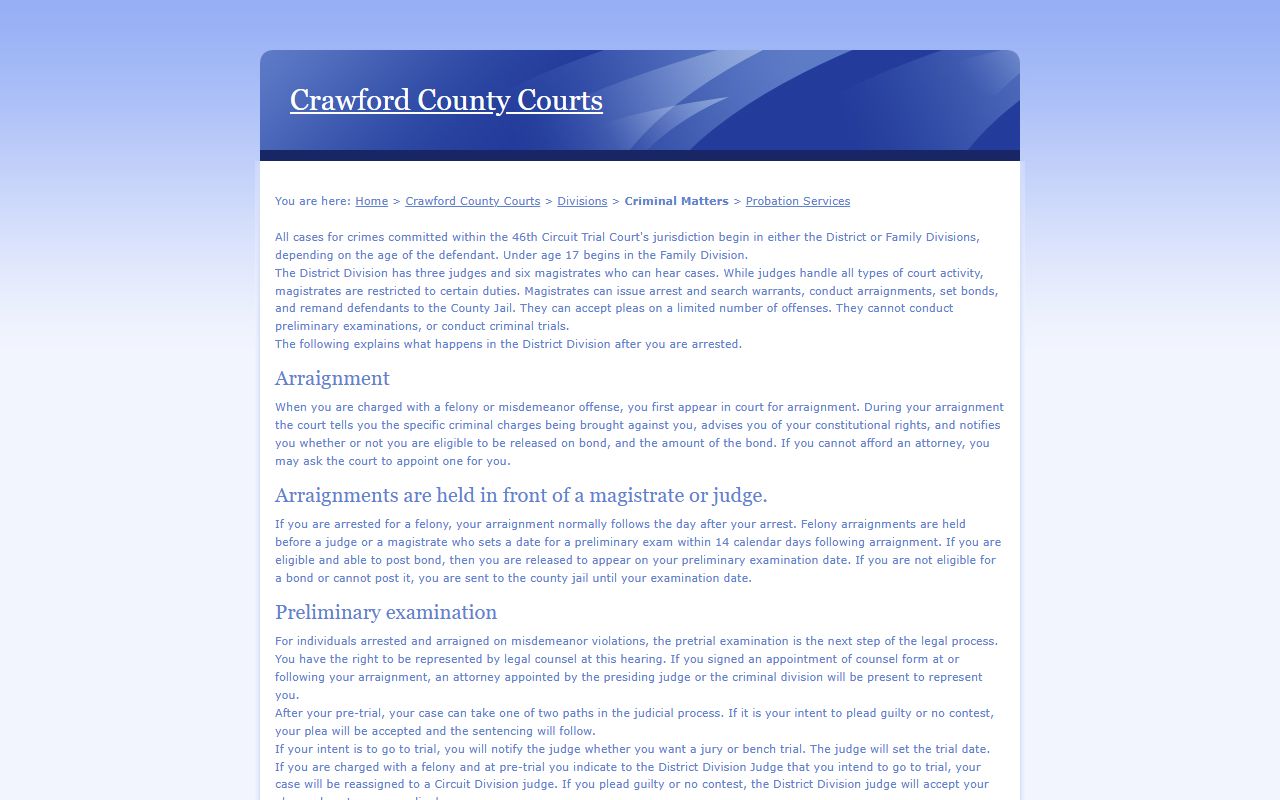 Legacy Crawford County criminal matters page showing criminal court records routing