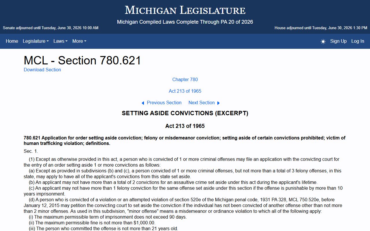 Michigan MCL 780.621 set-aside statute affecting Crawford County criminal court records