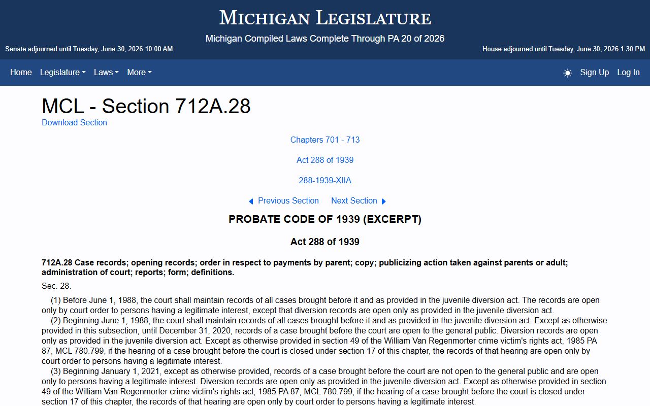Michigan MCL 712A.28 juvenile records statute limiting Crawford County criminal court records