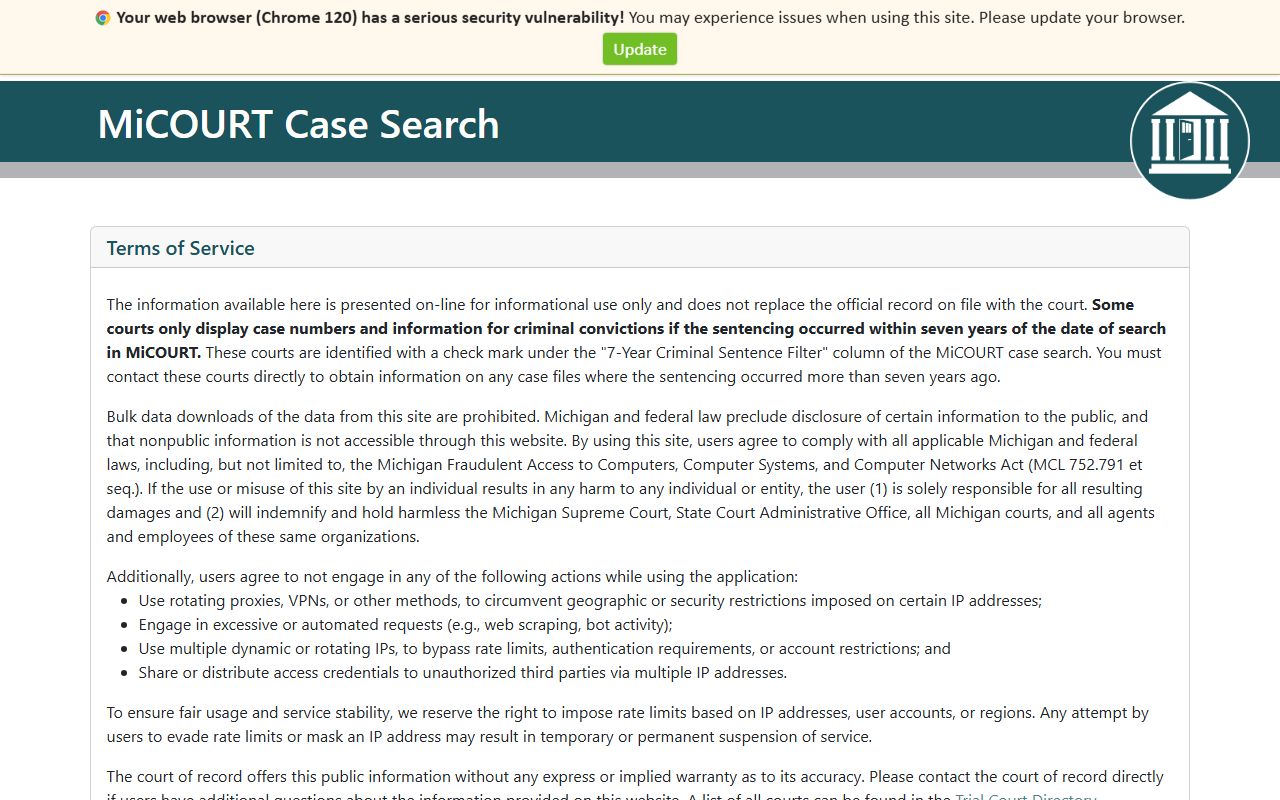 MiCOURT statewide case search for Crawford County court records