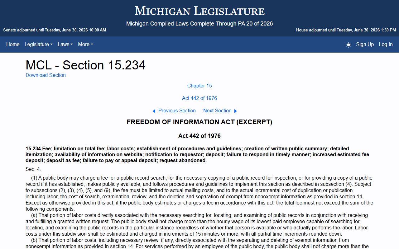 Michigan FOIA fee statute used for Crawford County divorce record requests