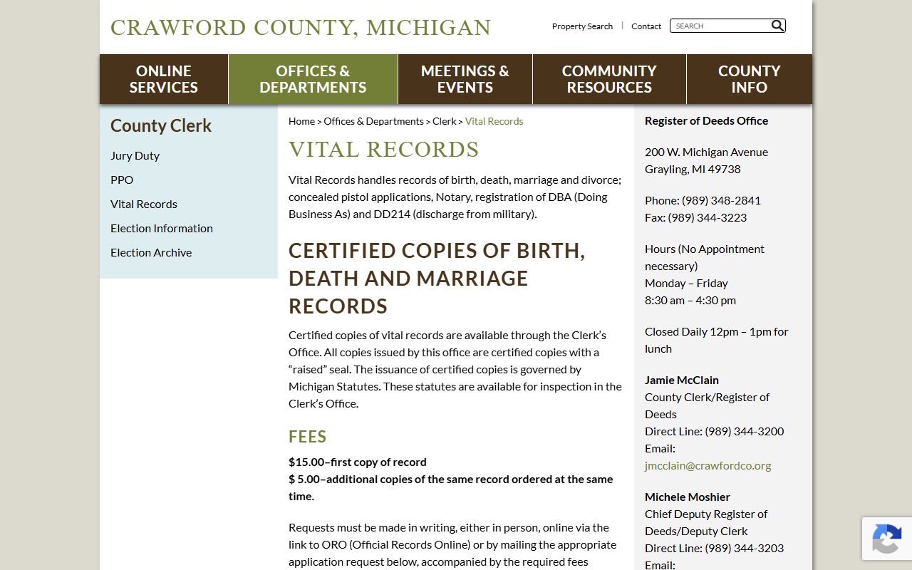 Crawford County marriage records and vital records request page at the Grayling clerk