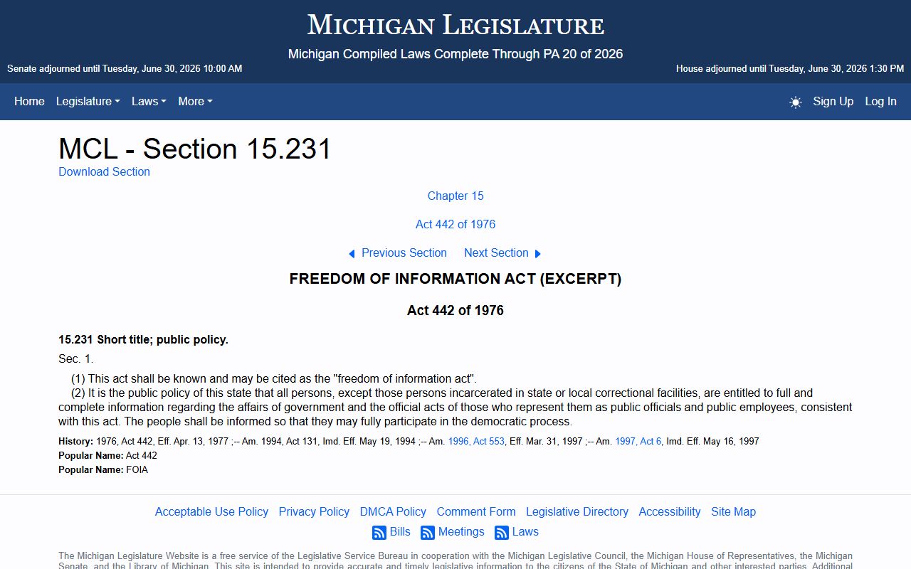 Michigan FOIA statute governing access to Crawford County divorce and court records