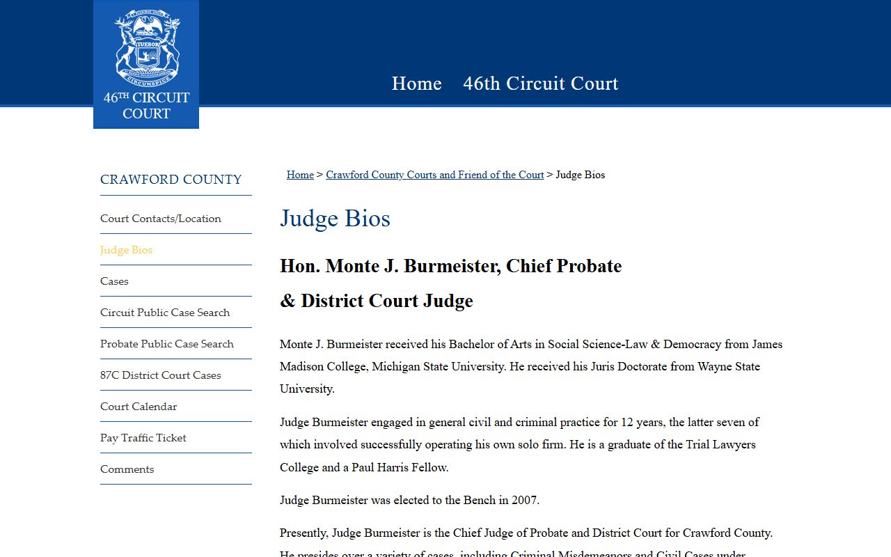 Crawford County probate records Circuit 46 judge bios page