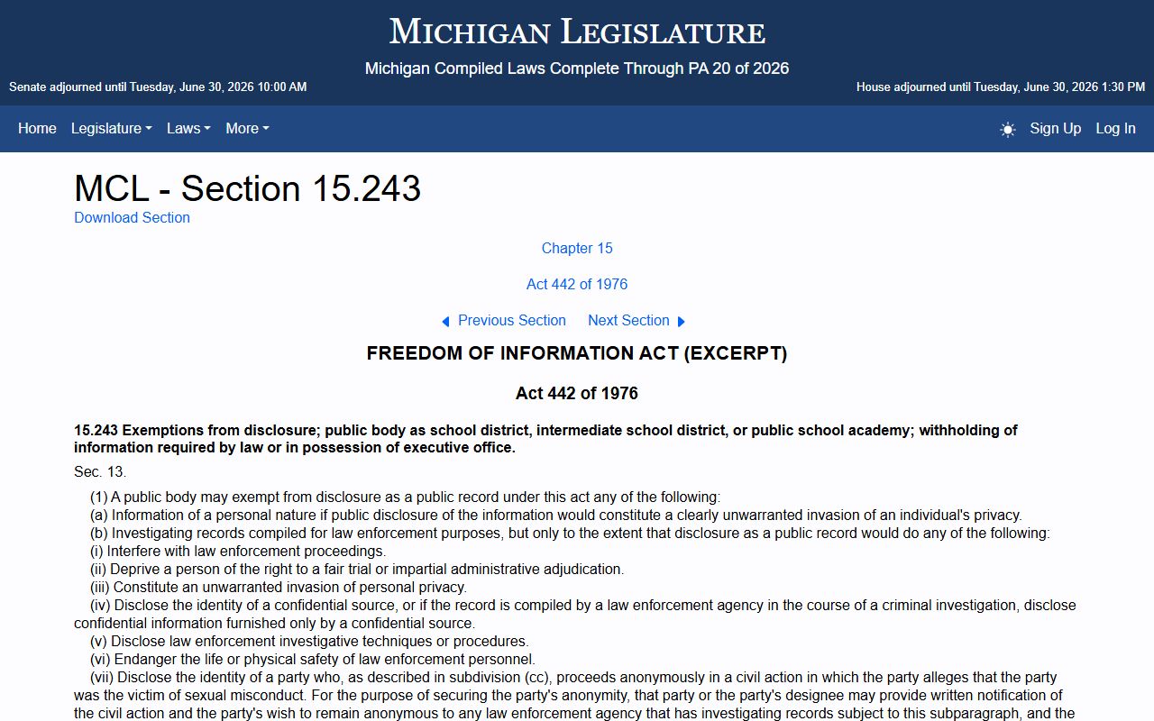 Crawford County probate records Michigan FOIA exemptions statute page