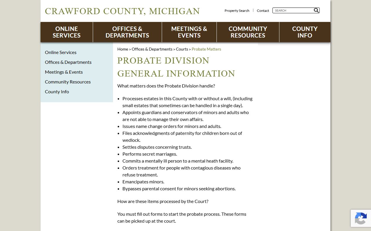 Crawford County probate records probate matters guidance page