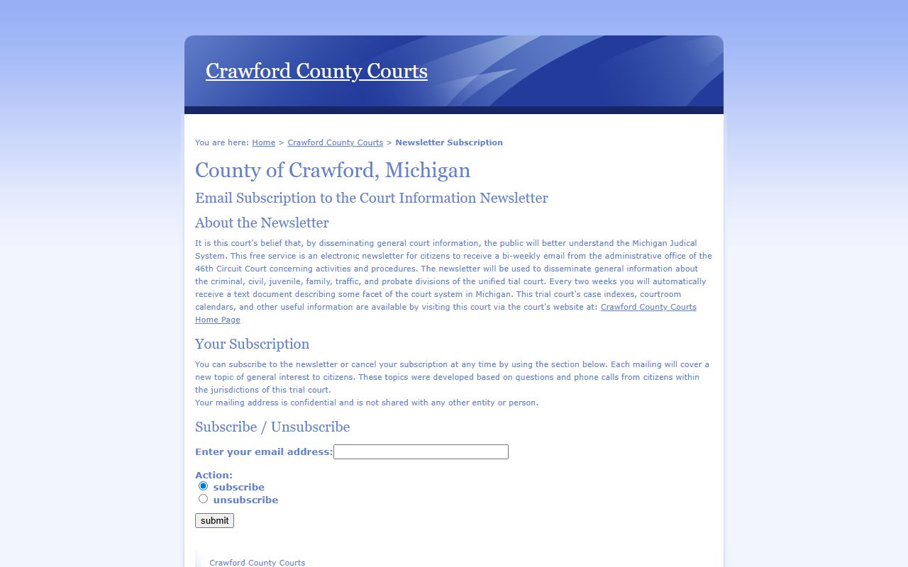 Crawford County traffic court records newsletter and court update sign-up