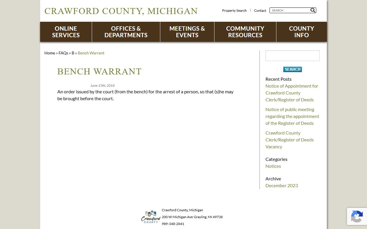 Crawford County bench warrant FAQ page explaining bench warrant records