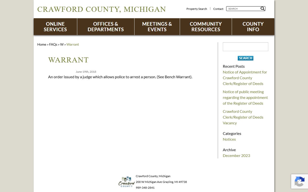 Crawford County warrant FAQ page defining a warrant for a warrant records search