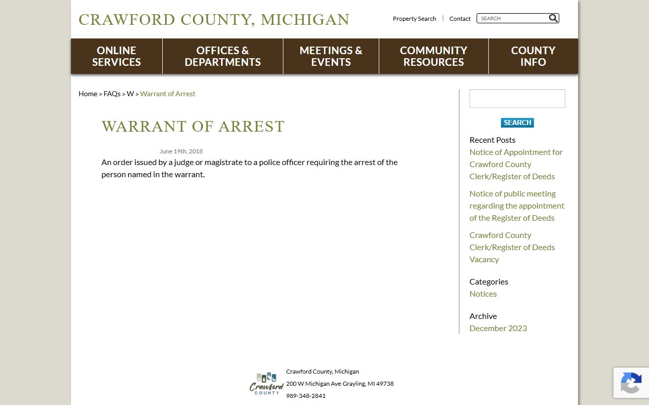Crawford County warrant of arrest FAQ page describing arrest warrant records